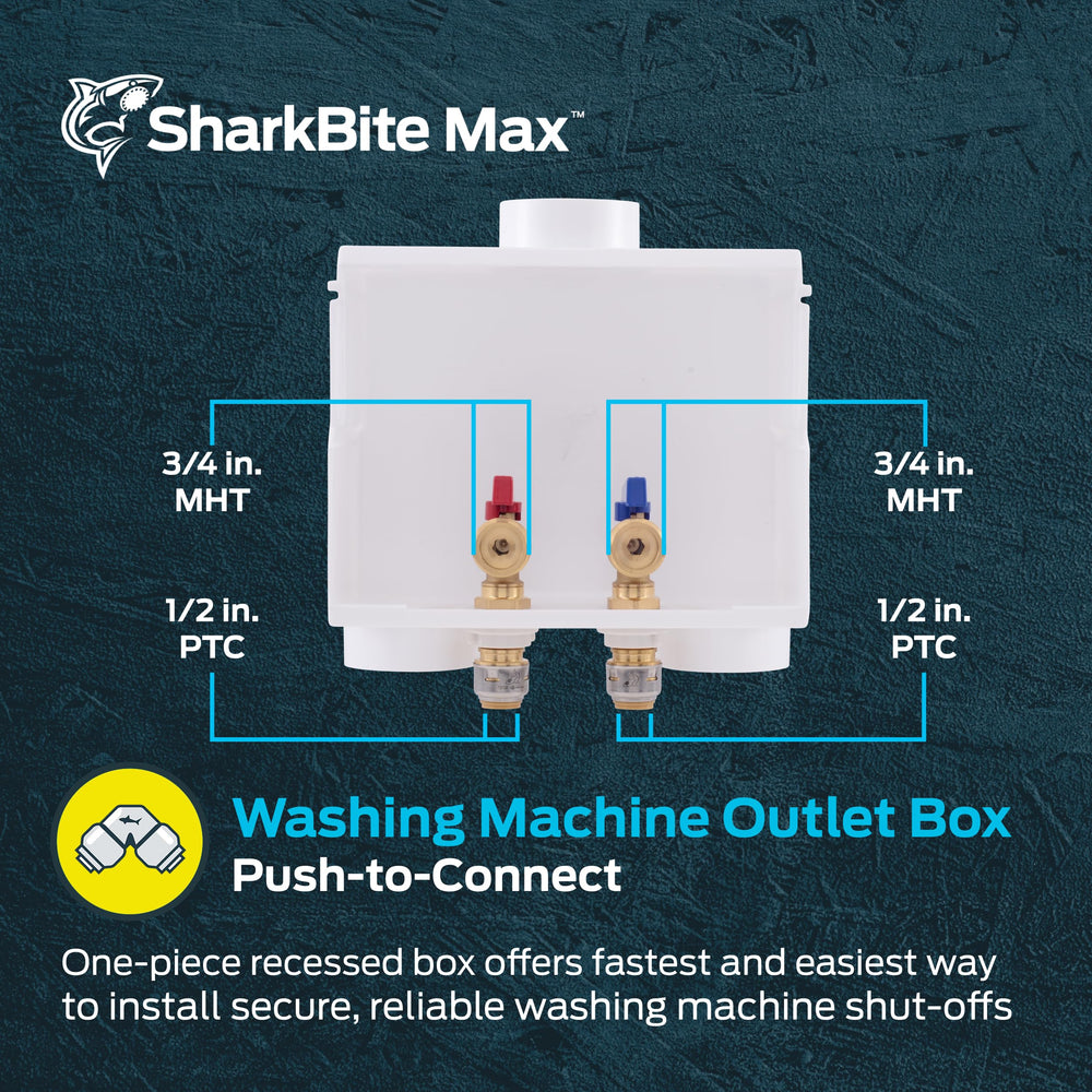 SharkBite 1/2 Inch x 3/4 Inch MHT Washing Machine Outlet Box, Push to Connect Brass Plumbing Fittings, PEX Pipe, Copper, CPVC, 24763 Retail $44.82