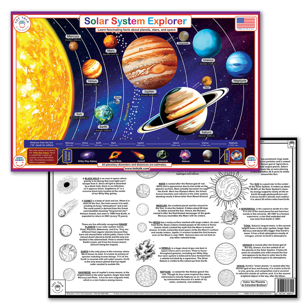 Tot Talk Solar System Explorer Educational Placemat for Kids - Double-Sided, Waterproof, Wipeable - Made in USA - Learn Planet Names and Facts, Front and Back Activities - 11.5" x 17.5" Retail $5.00