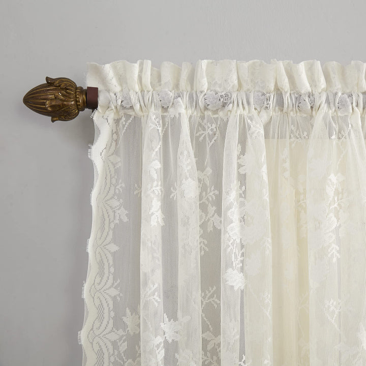 No. 918 Alison Floral Lace Sheer Rod Pocket Kitchen Curtain Tier Pair, 58" x 24", Ivory