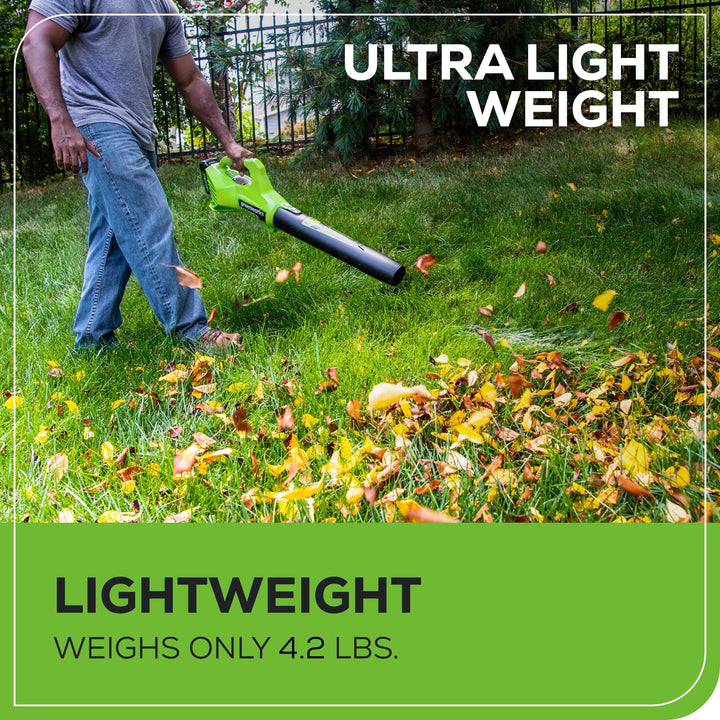 Greenworks 24V (90 MPH / 320 CFM / 200+ Compatible Tools) Cordless Axial Leaf Blower, 2.0Ah Battery and Charger Included
