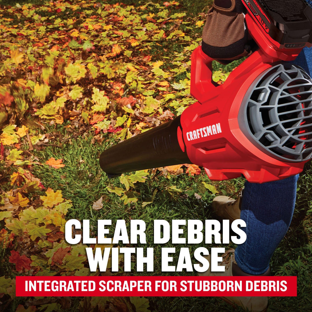 CRAFTSMAN V20 Cordless Axial Leaf Blower Kit, Includes 4.0 Ah Battery and Charger, 100 MPH and 380 CFM Clearing Power, Lightweight, 2 Speed Trigger (CMCBL700M1) Retail $119.00