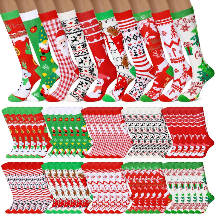 Suhine 30 Pairs Christmas Knee High Socks Bulk Novetly Funny Xmas Sports Compression Long Sock for Christmas Gifts Men Women Retail $42.75