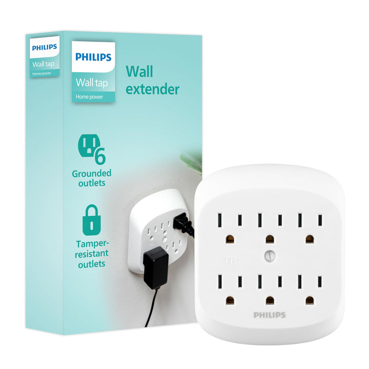 Philips 6 Outlet Grounded Power Tap, 3 Prong Wall Adapter, Automatic Soft Glow Night, Light-Sensing, Dusk to Dawn, UL Listed, White, SPP1060WA/37, 1 Pack