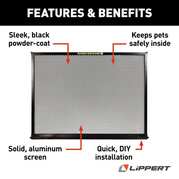 Lippert 28" Screen Defender RV Entry Door Protector Kit with Black Powder-Coated Aluminum for Pet Protection on Travel Trailers, 5th Wheel Campers and Motorhomes - 859793 Retail $87.66