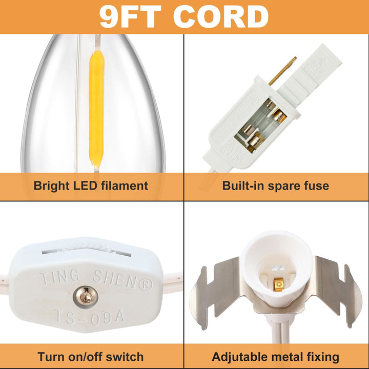 VIHOSE 8 Pcs Christmas Village Light Accessory Cord with 5 LED Night Light Bulbs C7 Light Bulbs 9 ft Light Bulb Socket for Holiday Decoration and Craft Village House Decoration