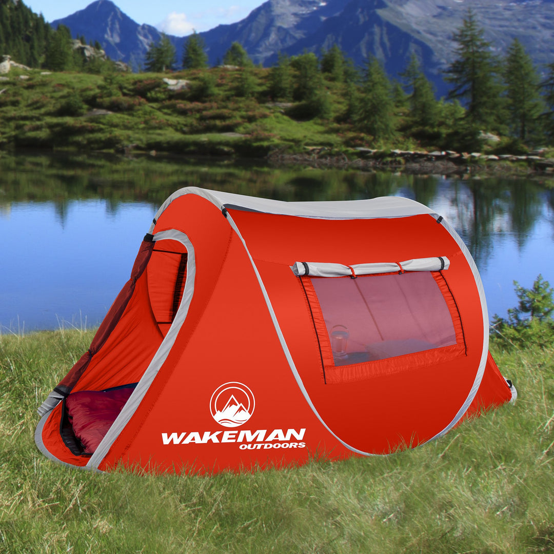Pop-up Tent 2 Person, Water Resistant Barrel Style Tent for Camping with Rain Fly and Carry Bag, Sunchaser 2-Person Tent by Wakeman Outdoors (Red) Retail $64.99