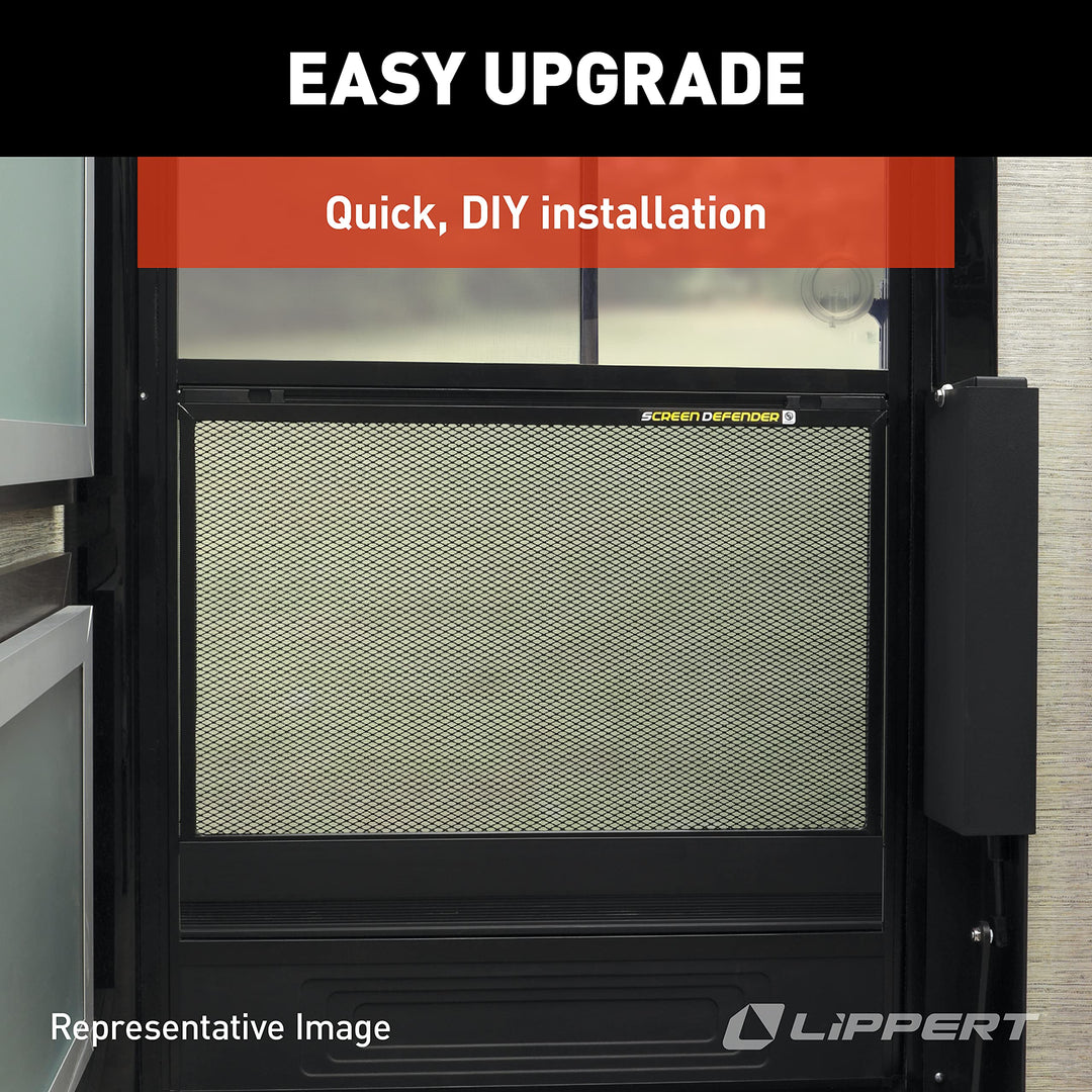 Lippert 28" Screen Defender RV Entry Door Protector Kit with Black Powder-Coated Aluminum for Pet Protection on Travel Trailers, 5th Wheel Campers and Motorhomes - 859793 Retail $87.66