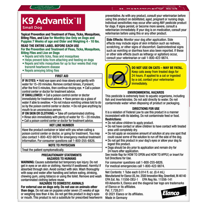 K9 Advantix II Small Dog Vet-Recommended Flea, Tick & Mosquito Treatment & Prevention | Dogs 4-10 lbs. | 1-Mo Supply Retail $19.97