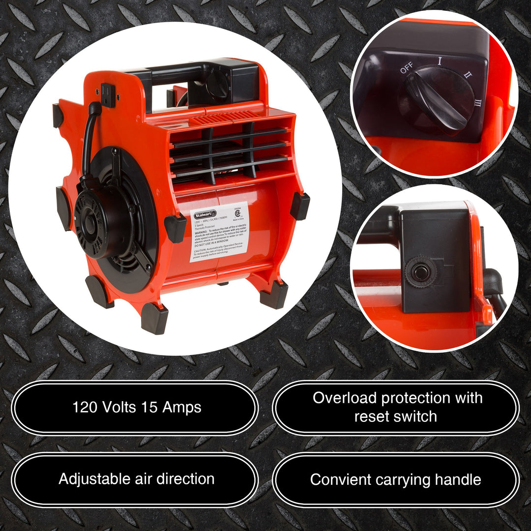 Blower Fan - 3-Speed Heavy-Duty Floor and Carpet Dryer - 1600 watts -Portable Air Mover with 4 Different Angles for Basements, Cars or Garages by Stalwart (Red) Retail $65.10