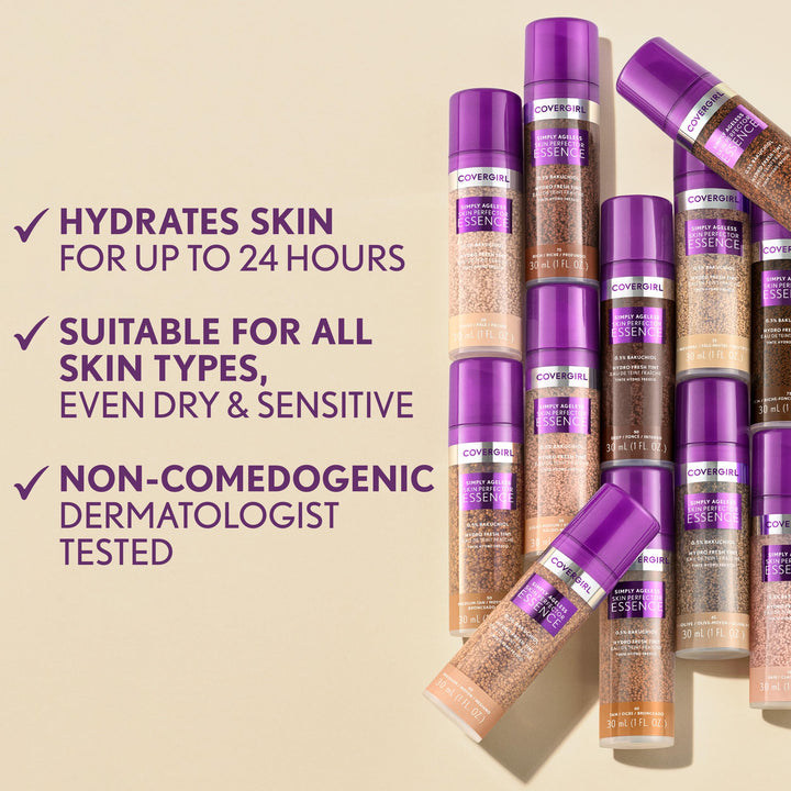 Covergirl Simply Ageless Skin Perfector Essence Foundation, 50 Medium-Tan, Tinted Skincare Makeup Hybrid, Sheer Tint, Radiant Finish, Glowy Finish, Vegan Formula, 1.0oz Retail $21.49