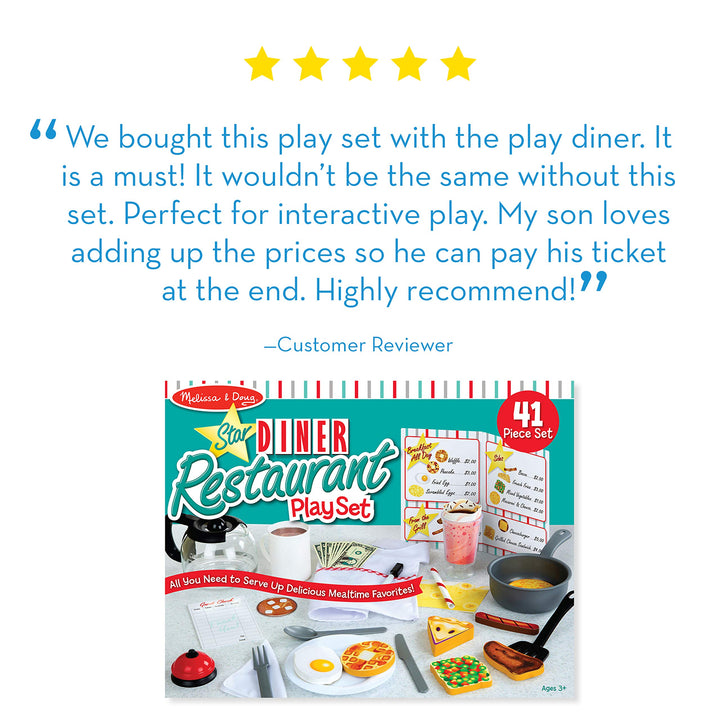 Melissa & Doug Star Diner Restaurant 41-Piece Play Set with Toy Food, Cookware & Play Kitchen Accessories, Preschool Learning Toys for Girls & Boys 3+