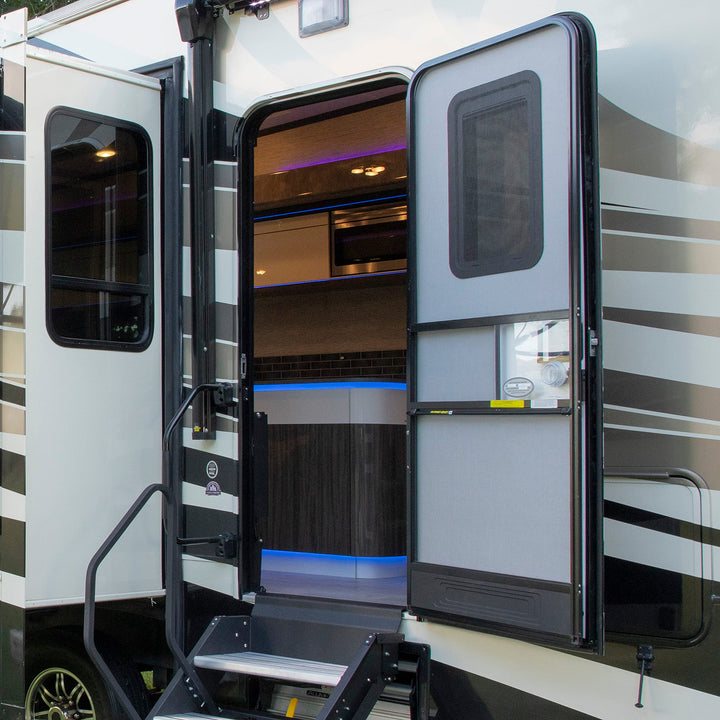 Lippert 28" Screen Defender RV Entry Door Protector Kit with Black Powder-Coated Aluminum for Pet Protection on Travel Trailers, 5th Wheel Campers and Motorhomes - 859793 Retail $87.66