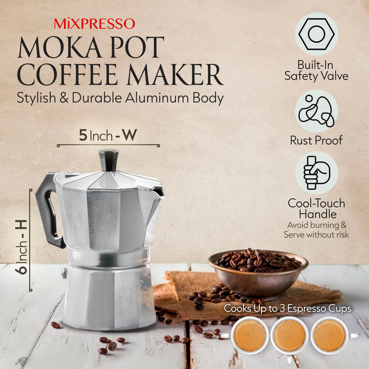 Mixpresso 3 Cup Moka Pot Cuban Coffee Maker, Moka Pot for Gas, Electric Stove Top, Classic Italian Coffee Maker, Stovetop Espresso Maker, Camping Pot Makes 3 Espresso Cup 5 Oz
