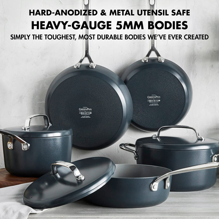 GreenPan GP5 Hard Anodized Healthy Ceramic Nonstick 14 Piece Cookware Pots and Pans Set,Heavy Gauge Scratch Resistant,Stay-Flat Surface, Induction, Mirror Finish Handle,Oven Safe,PFAS-Free,Slate