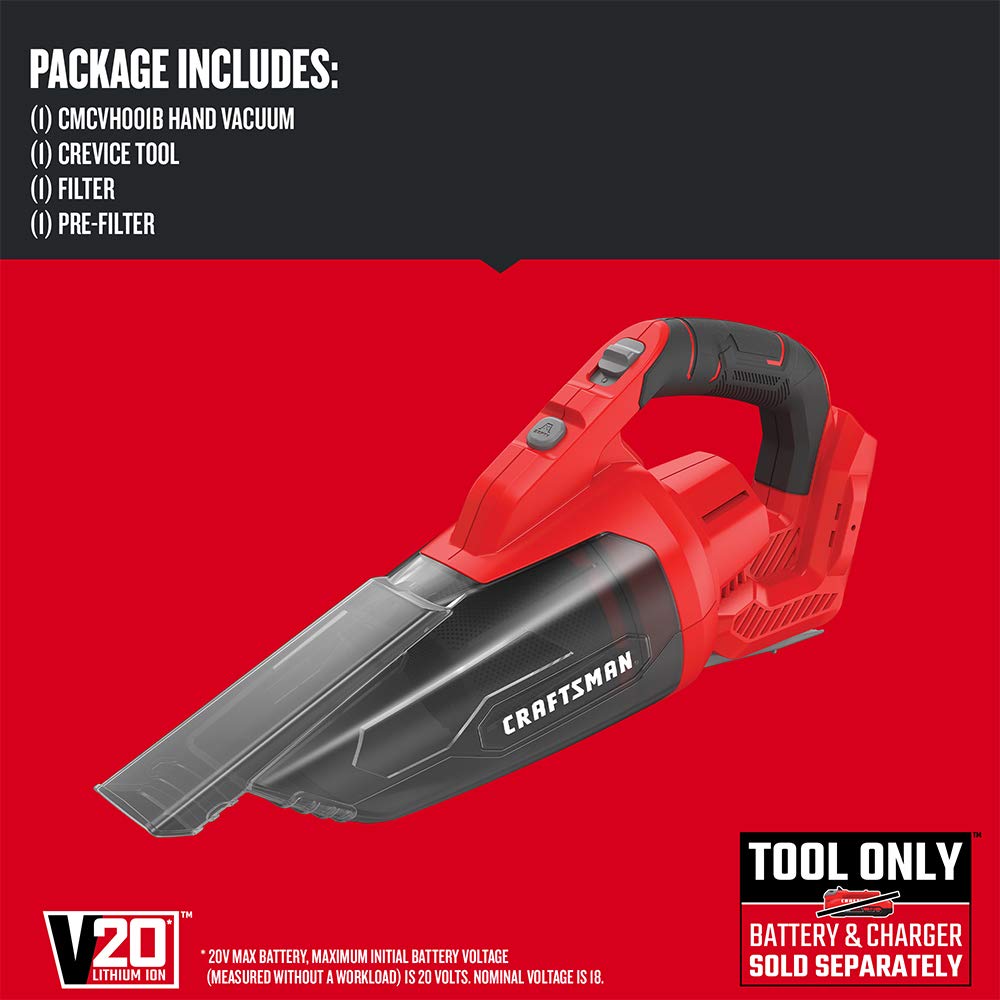 CRAFTSMAN V20 Cordless Hand Vacuum, 45 CFM, 2 Stage Filtration System with Filter, Bare Tool Only (CMCVH001B)