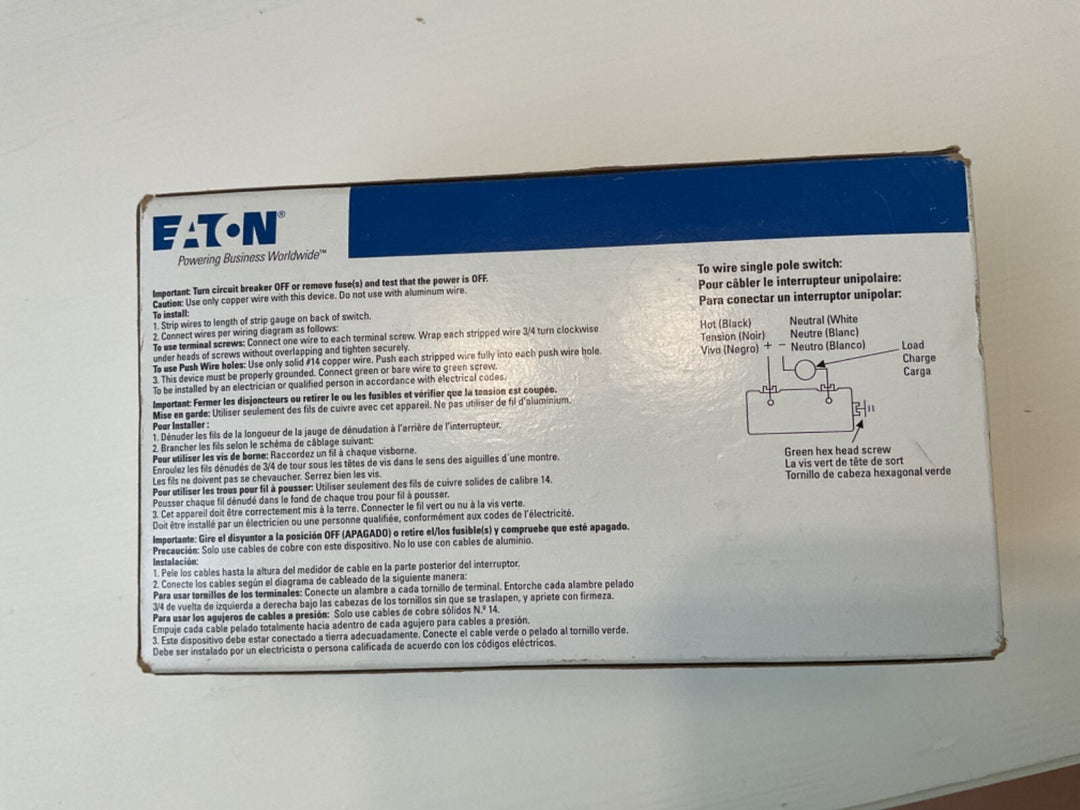 Eaton 7501W-10-LW Single Pole Decorator Switch White 15A 120V/277V