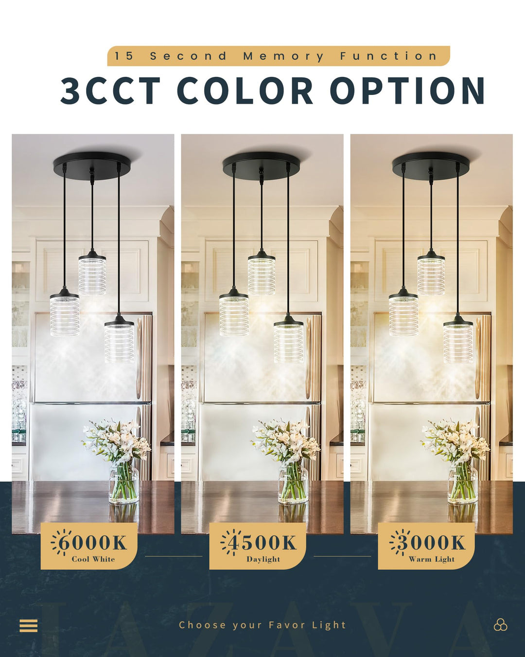 JAZAVA 3-Light Black Pendant Light Fixtures, Modern LED Hanging Light, 24W 3000/4500/6000K Kitchen Island Light for Dining Room Bedroom Hallway Entrance, PL106BK Retail $99.00
