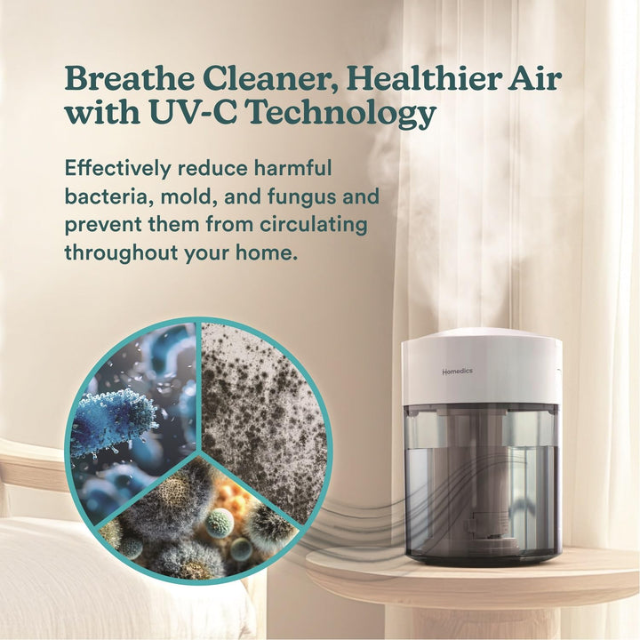 HoMedics Humidifiers for Bedroom, Home, Nursery, Office and Plants. Total Comfort UV-C Ultrasonic Humidifier, Leak Resistant Design, 0.97 Gallon Tank, 35 Hour Run Time, Quiet, Cool Mist, Night Light