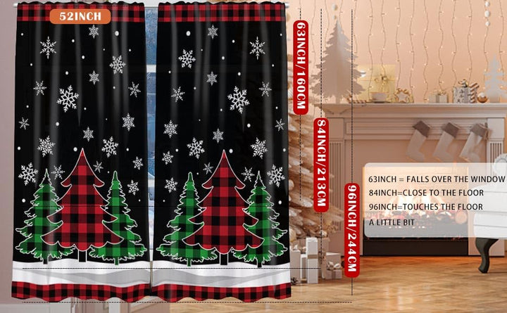 Christmas Living Room Curtains, Christmas Decorations Sheer Curtains 63 inch Length 2 Panels Set, Buffalo Plaid Christmas Tree Decor Bedroom Curtain Window Drapes Light Filtering Valance 52x63