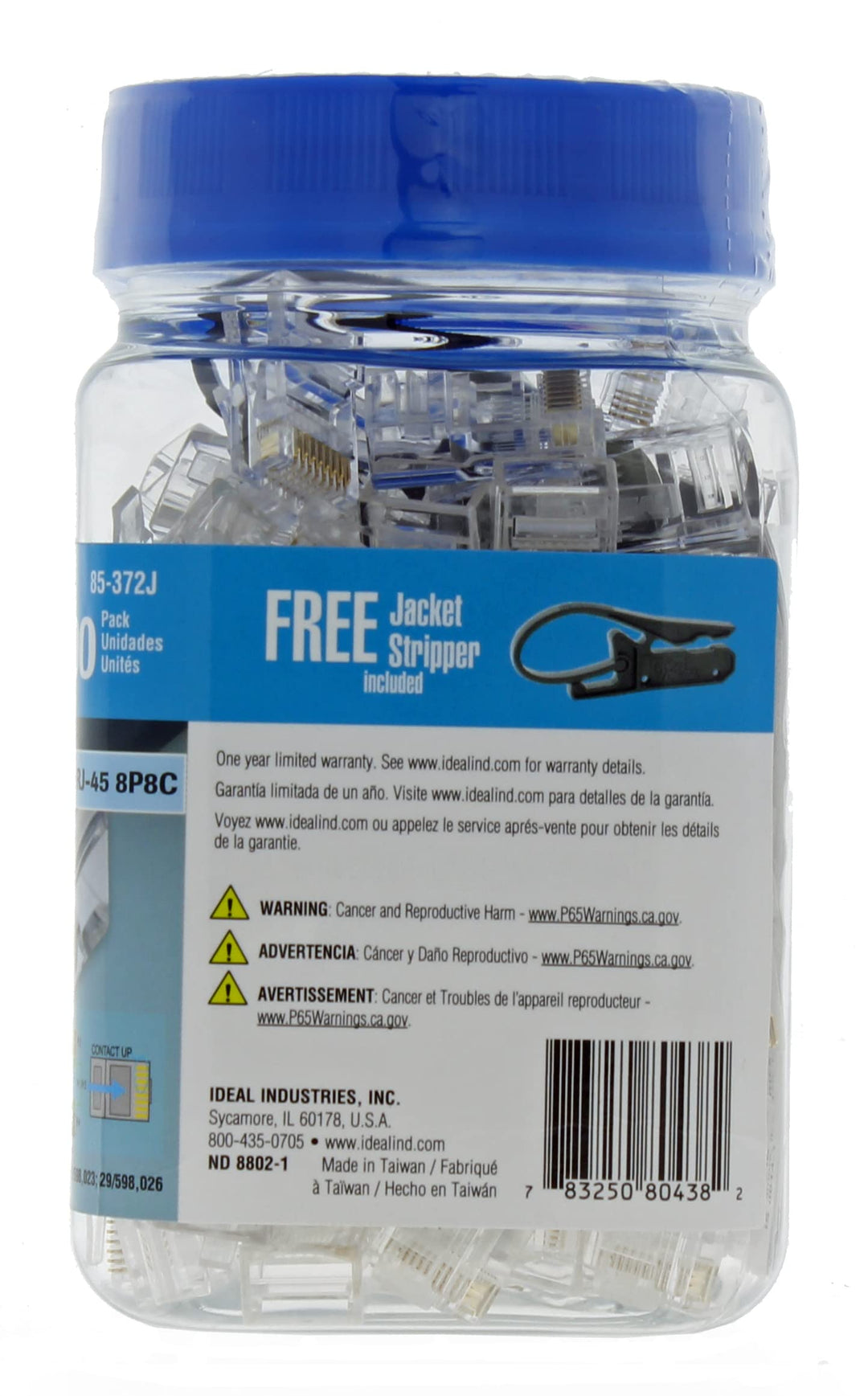 IDEAL INDUSTRIES INC. 85-372J 8P8C Single Piece Modular Plug, Feed-Thru Design RJ-45 Connector for CAT5e, Twisted Pair 100 MHz Cables, (100 Connectors, Jar)