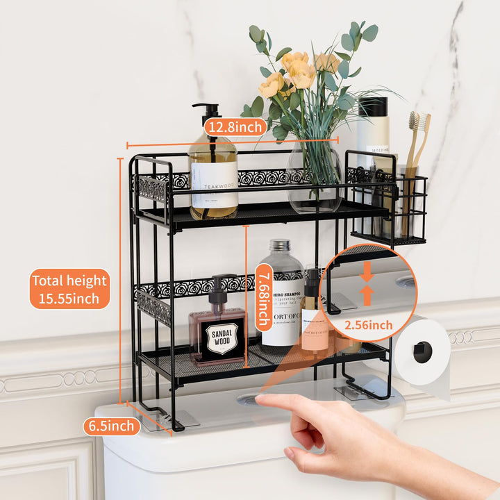 Iirios Over The Toilet Storage, Upgrade 2-Tier Folding Bathroom Organizer Shelves, Metal Multifunctional Toilet Rack with Basket and Paper Holder, No Assembly, No Drilling Space Saver (Black)