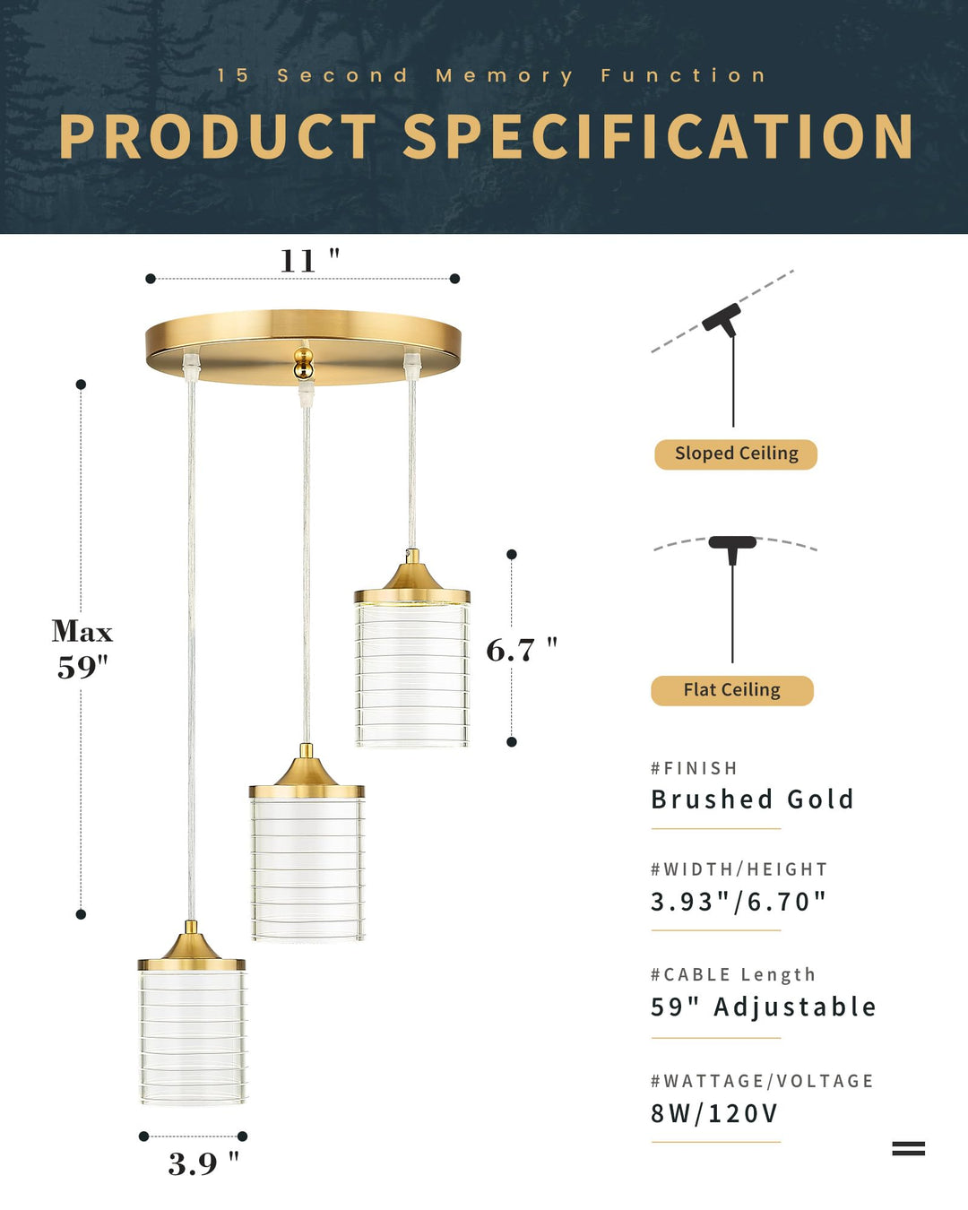 JAZAVA Gold Pendant Lights, Modern Cluster Pendant Light Fixture, 24W 3CCT 3000/4500/6000K LED Hanging Light for Kitchen Island Dining Room Bedroom Hallway Entrance Living Room, PL106BG Retail $102.00