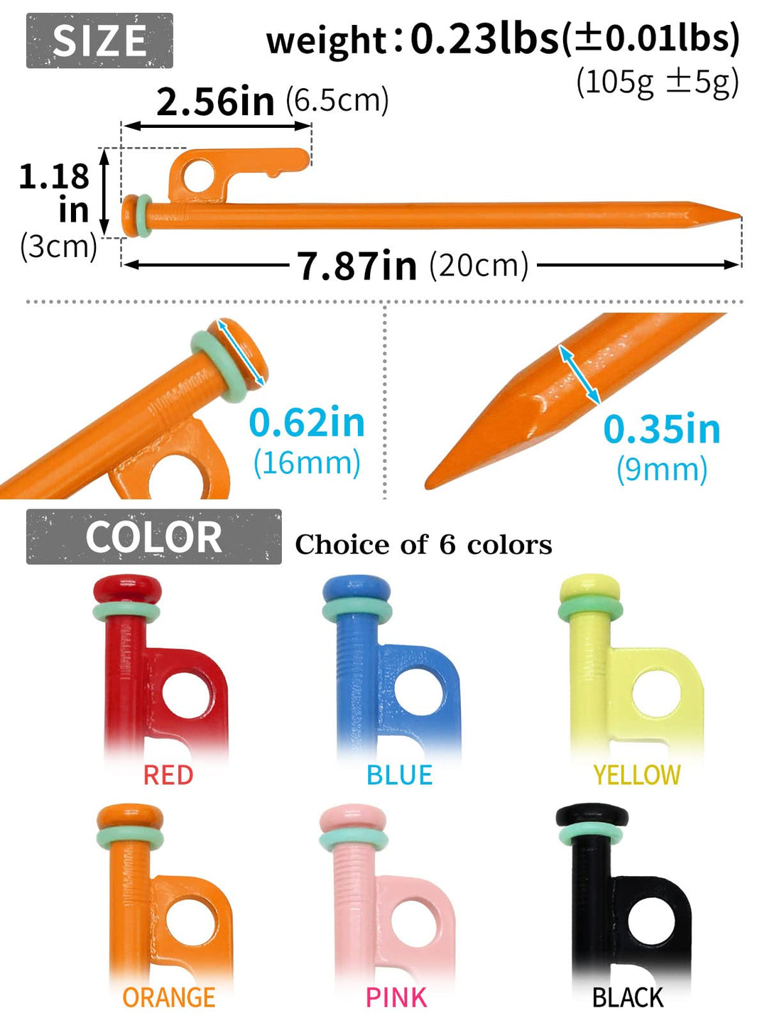 M-STYLE Tent Stakes Heavy Duty 8 inch Steal Tent Pegs for Camping Ground Stakes for Outdoor Yard Garden Stake, 16 Pack with Caps, Fluorescent Silicone Rings, Special Bag (Red)