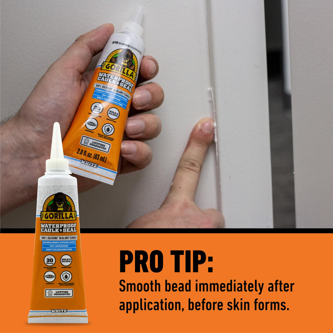 Gorilla Waterproof Caulk & Seal Silicone Sealant, 2.8oz Squeeze Tube (Pack of 1) - White Caulking Sealant for Kitchen, Window, Bath, Marine, Door and More