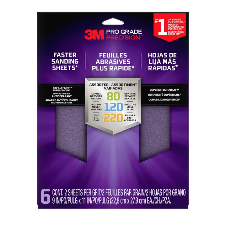 3M SHRASST-PGP-6T Pro Grade Precision Faster Sanding, Sanding Sheets, Assorted Grits, 9" x 11", 6-Pack