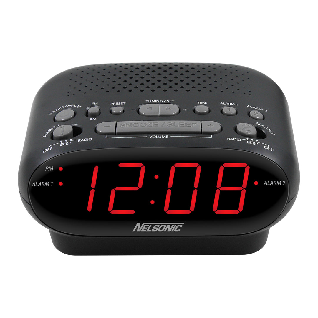NELSONIC Digital AM/FM Alarm Clock Radio  Black with Red LED Display