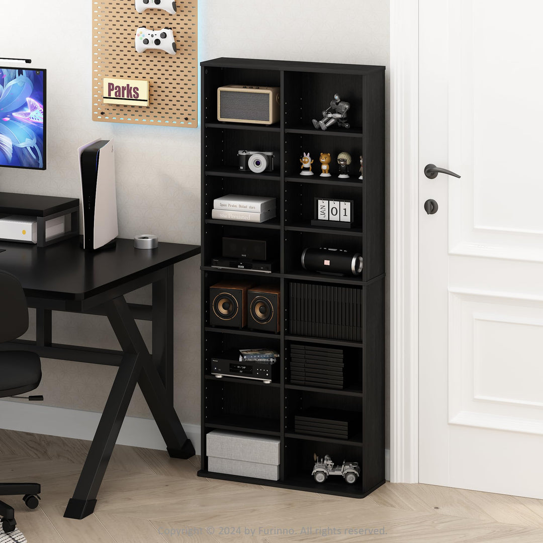 Furinno Jaya DVD Shelf, 16-Shelf Wide CD Rack, Media Shelf with Adjustable Shelves, 8 x 2 DVD Storage Cabinets for CD Blueray Game Disc, Easy Assembly, for Living Room, Home Office, Americano