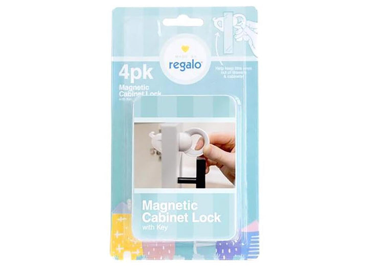 Regalo Home Safety Magnetic Cabinet and Drawer Lock, Award-Winning Brand, 4-Pack, Includes 4 Magnetic Cabinet Locks, 1 Magnetic Key, Easy Install, 3M Adhesive, White