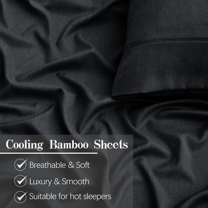 VACVELT 4pcs Extra Deep Pocket Full Sheets, Rayon Derived from Bamboo Sheets, Black Sheet Set 18-24 Inch Deep Pocket Bed Set, Cooling & Silky Bedding Set Soft & Ultra Deep Fitted Sheet Set