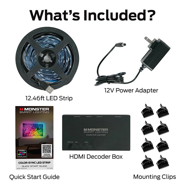 Monster TV Backlight LED Light Strip with HDMI Color Sync Box for TVs up to 85â€ inch, Smart Wi-Fi RGB+IC Color Flow, Works with Razer Chroma, Alexa, Google, Siri, Music Mode, Custom Scenes, Schedules