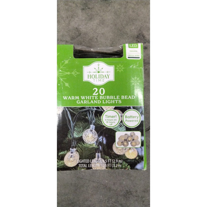 Holiday Time 20 Warm White Bubble Bead Garland Lights - Timer, Battery Powered, Indoor Retail $15.00