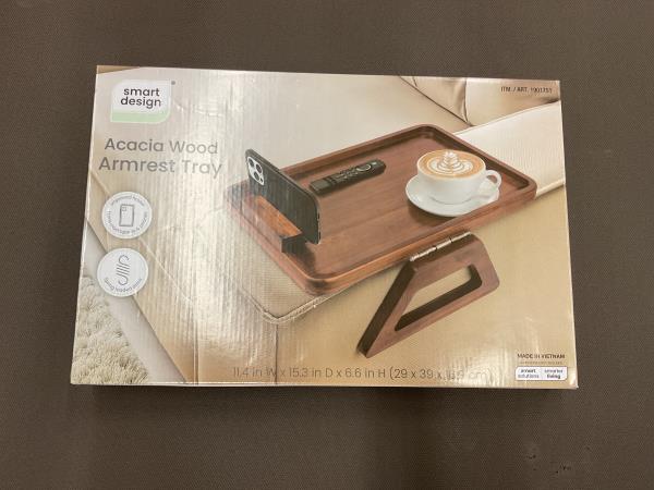 Smart Design Acacia Wood Armrest Tray - Foldable, Phone/Tablet Holder, Non-slip Retail $18.99