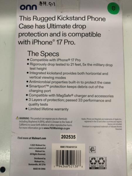 Onn 17 Pro Rugged Kickstand Phone Case - MagSafe Compatible Retail $20.00