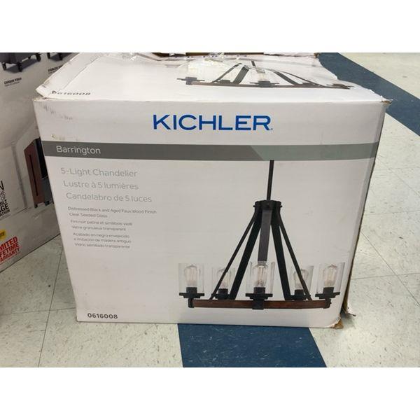 Kichler Barrington 5-Light Chandelier - Distressed Black, Aged Faux Wood Finish, Clear Seeded Glass Retail $240.00