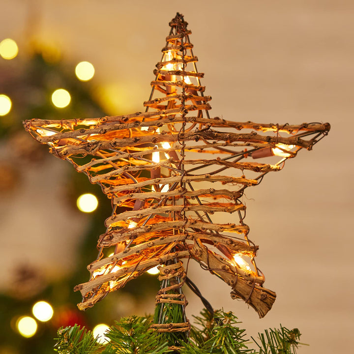 Christmas Star Tree Topper, Plug in 12" 3D Tree Star Topper, Rustic Rattan Natural Built-in 10-Bulb String Lights for Vintage Classic Christmas Decorations New Year Holiday Home Office Indoor