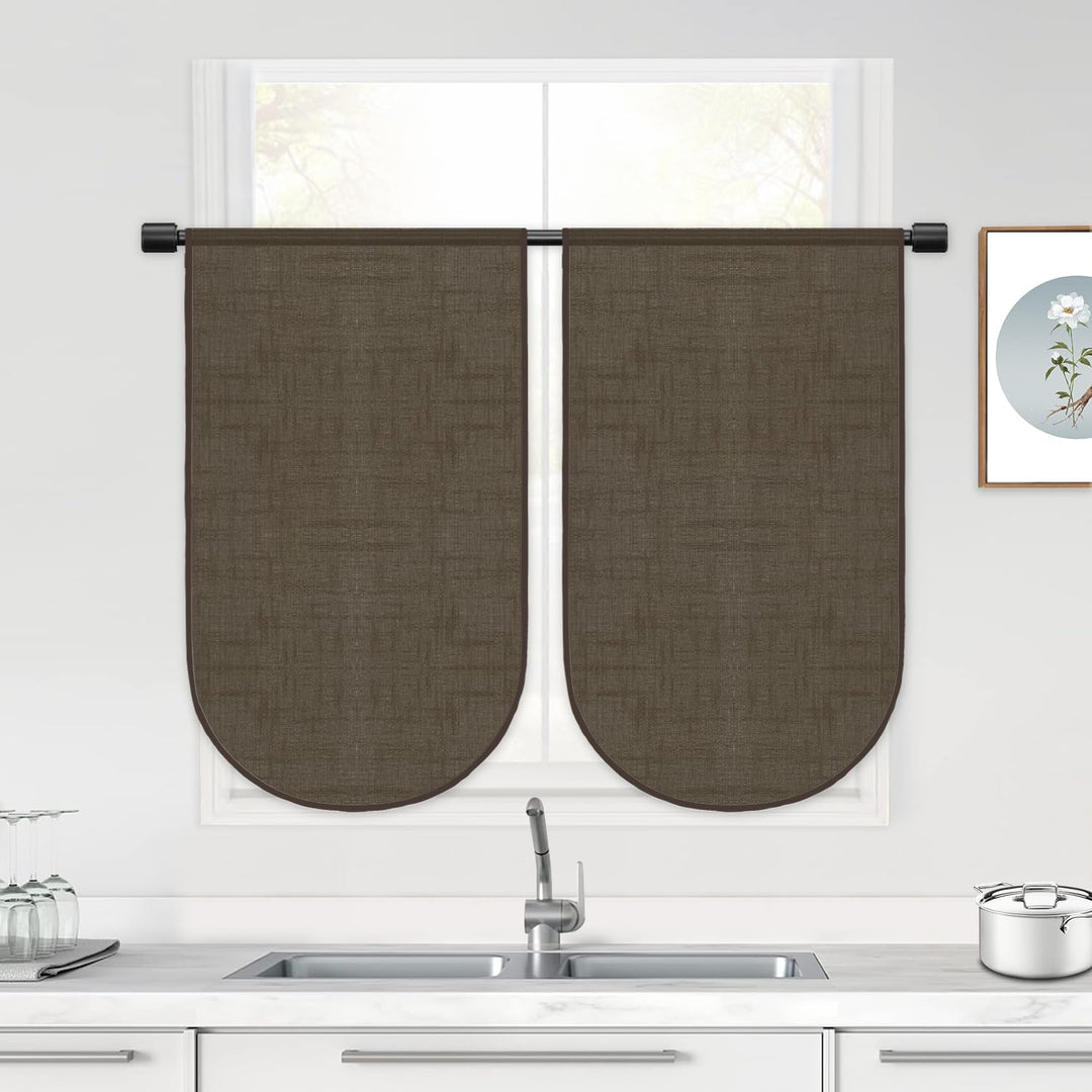 Muamar U Shaped Sheer Kitchen Curtains Set of 2 Panels,Coffee 18x30 inch Length Cafe Curtains,Small Curtains for Window,Rod Pocket Linen Curtains