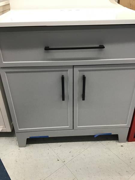 MasterBrand Cabinets Inc 30in Skinny Shaker Vanity w/Vtop - Cloudy Gray, LW24W30P2-CY Retail $350.00