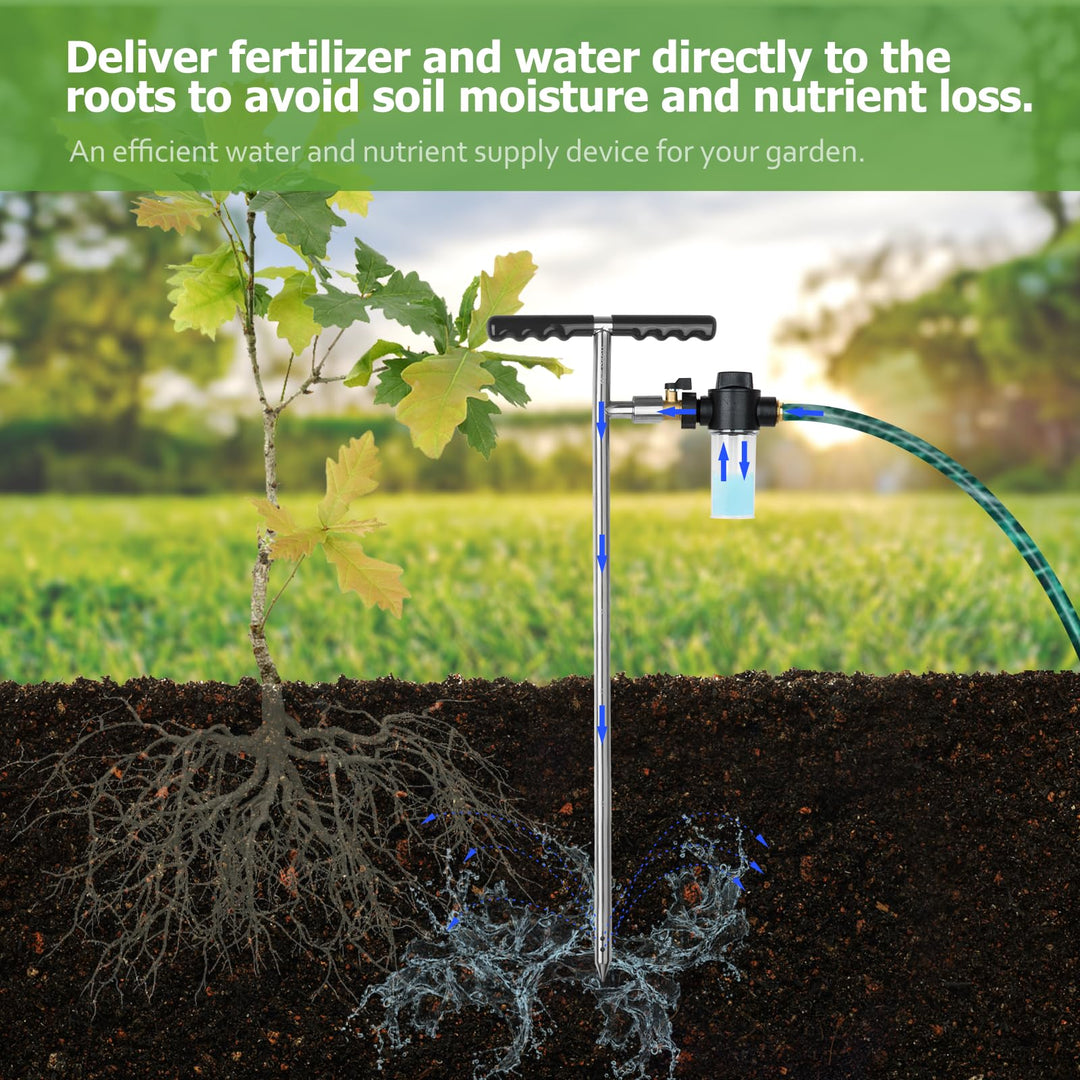 Root Feeder Deep Watering Fertilizing Spike with Fertilizer Dispenser & Quick Connector Stainless Plant Save Watering Toll for Promote Outdoor Garden Tree Shrubs Growth with T-Handle Irrigation System