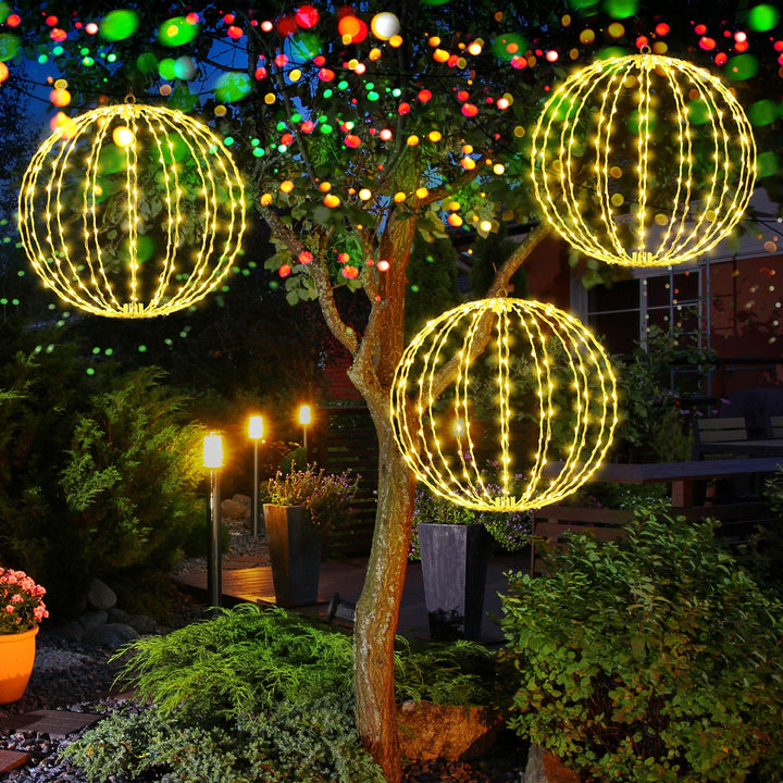 Gulfmew 3 Pack Outdoor Ball Light Sphere, 16 Inch 8 Modes Large Hanging Tree Globe Light, Foldable Iron Frame Ball Light with Plug Charging for Yard Patio Garden Decoration Ornament