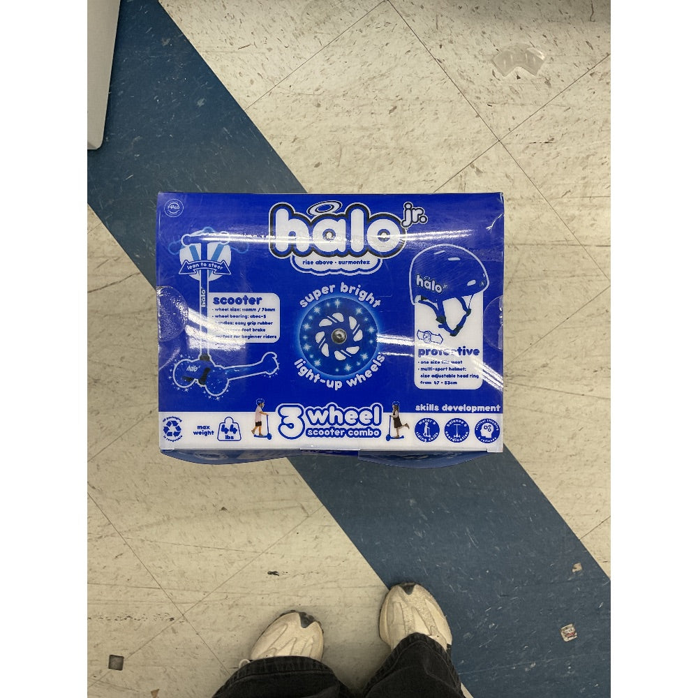 Halo Jr. 3-Wheel Scooter Combo - Light-Up Wheels, Protective Gear, Blue