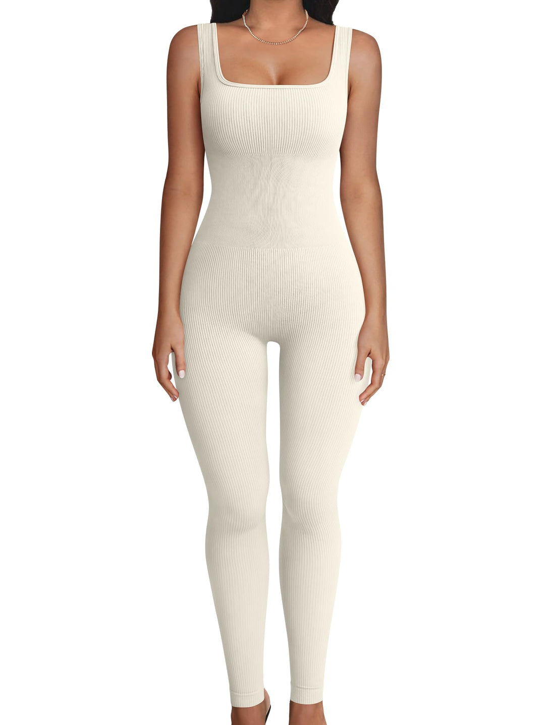 TOB Women Yoga Jumpsuits Workout Ribbed Sleeveless Square Neck Exercise Jumpsuits Beige