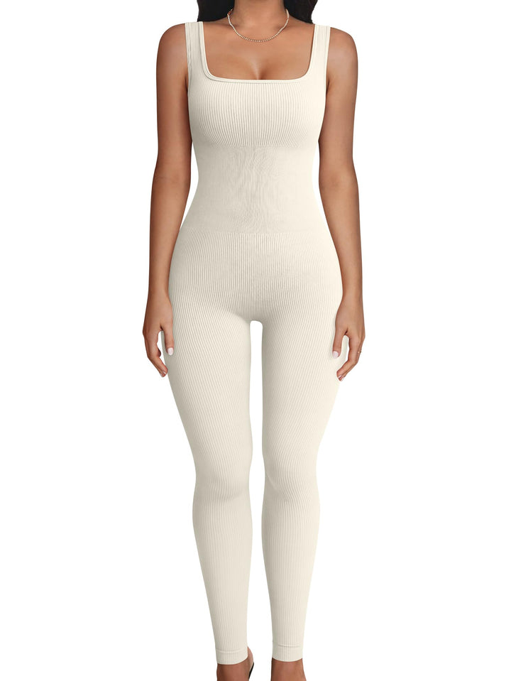TOB Women Yoga Jumpsuits Workout Ribbed Sleeveless Square Neck Exercise Jumpsuits Beige
