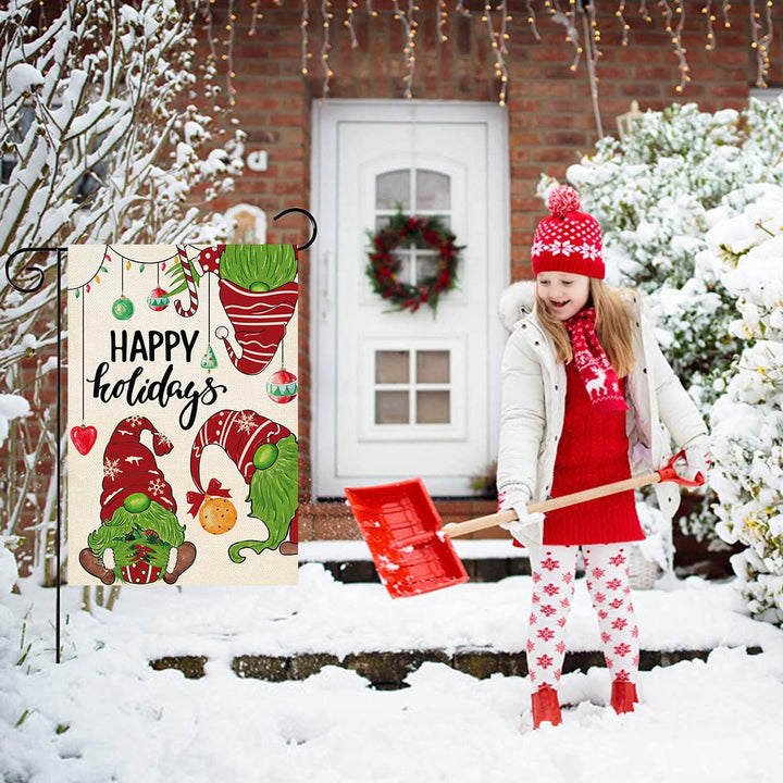 ORTIGIA Christmas Gnome Garden Flag Happy Holidays Burlap Vertical Double Sided Christmas Snowman Ball Qrnaments Flag Xmas Farmhouse Seasonal Winter Holiday Yard Outdoor Decoration 12x18 Inch