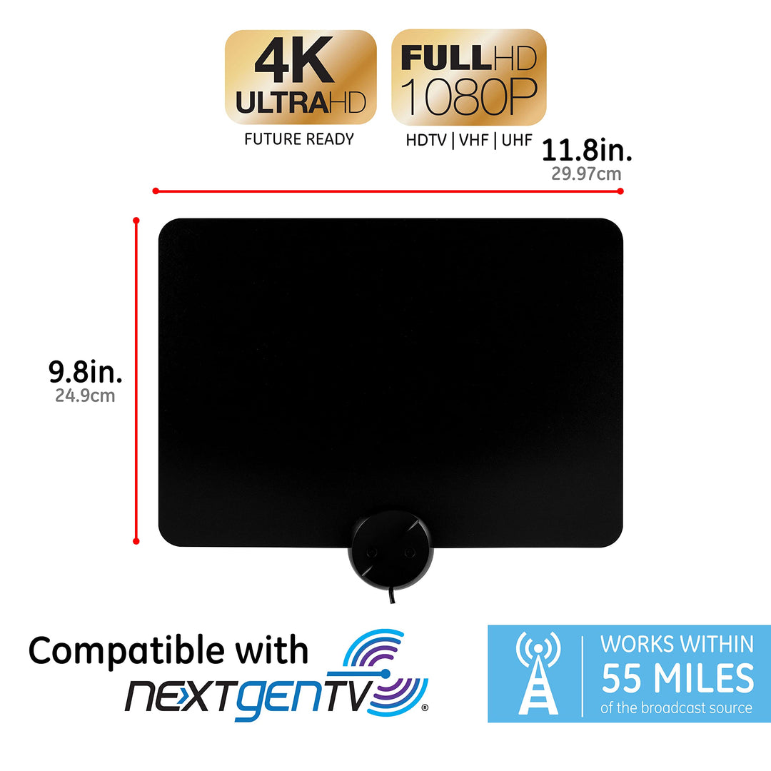 GE Ultra-Thin Amplified TV Antenna, 4K Ready 1080P Digital HDTV UHF VHF, Long Range Indoor TV Antenna, Amplifier with LTE Filter, Reversible Black/White Finish, 48862