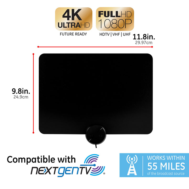 GE Ultra-Thin Amplified TV Antenna, 4K Ready 1080P Digital HDTV UHF VHF, Long Range Indoor TV Antenna, Amplifier with LTE Filter, Reversible Black/White Finish, 48862