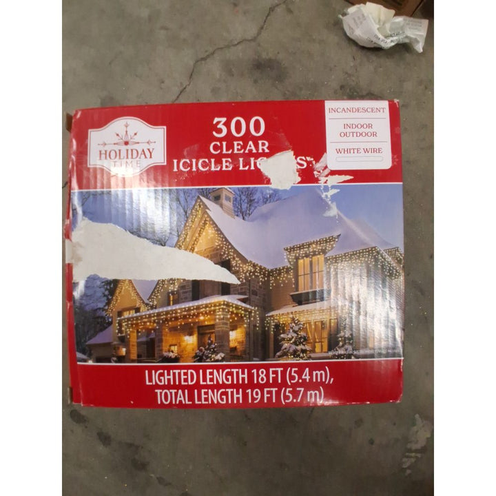 Holiday Time 300 Clear Icicle Lights - Incandescent, Indoor/Outdoor, White Wire, 18 ft Lighted Length Retail $20.00